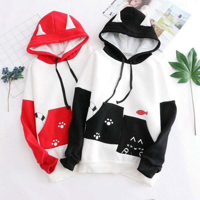 Áo hoodie nữ tai mèo phối 2 màu from rộng,có nón nỉ cao cấp kèm video,ảnh thật