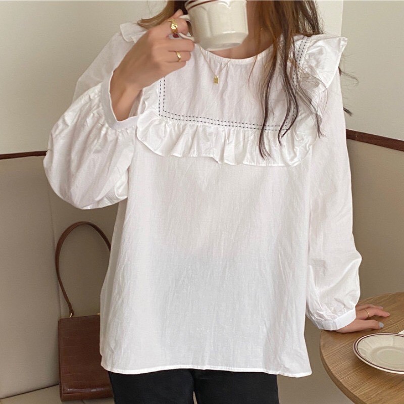 Áo sơ mi kiểu trắng nữ form rộng lụa tay phồng hàn quốc đẹp dài tay họa tiết không cổ ulzzang vintage truehastore SM10 | BigBuy360 - bigbuy360.vn