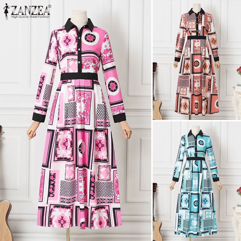 Đầm maxi ZANZEA cổ bẻ in họa tiết phong cách vintage thời trang dành cho nữ