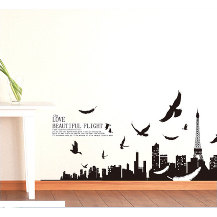 Decal trang trí tường Thành Phố và đàn Chim đen