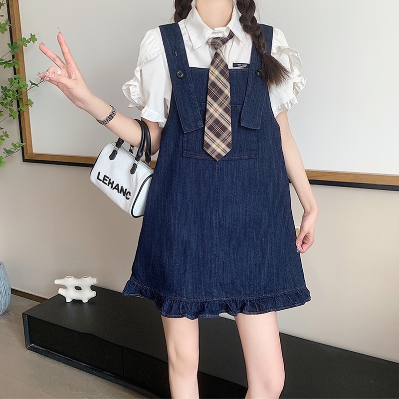 【HangFei】Đầm Yếm Denim Phối Bèo Plus Size Thời Trang