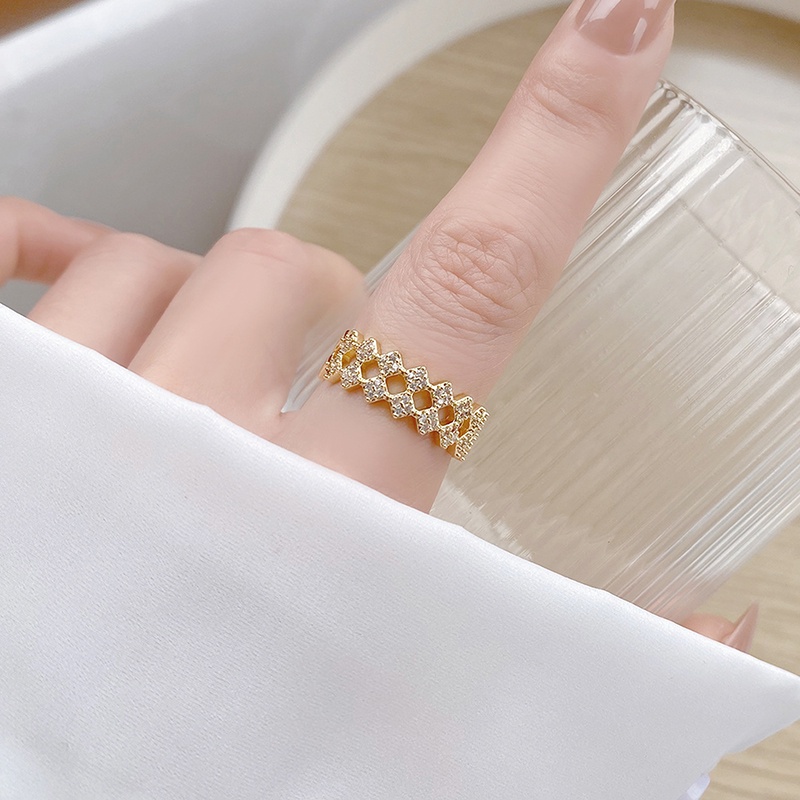 Nhẫn Hở Đính Đá Zircon Hai Lớp Mạ Vàng Thật 14K Có Thể Điều Chỉnh
