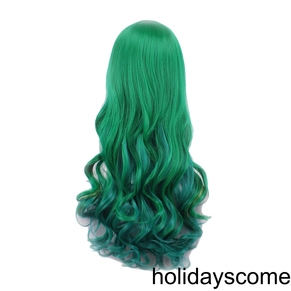 Women Long Curly Wig Female Girls Dark Green Gradient Fake Synthetic Hair Party Cosplay Wigs