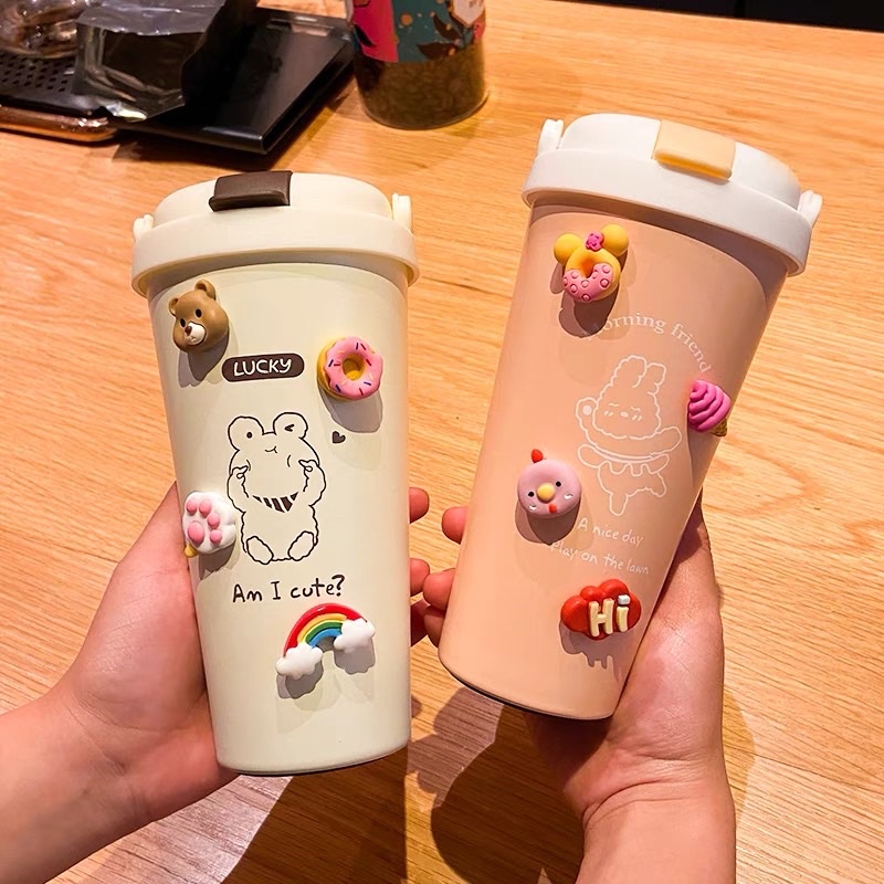 Bình giữ nhiệt, bình đựng nước cute, có ống hút, kèm ống hút, dây đeo