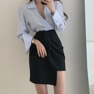 Set chân váy lệch tà công sở kèm áo sơ mi basic ( Ảnh thật)