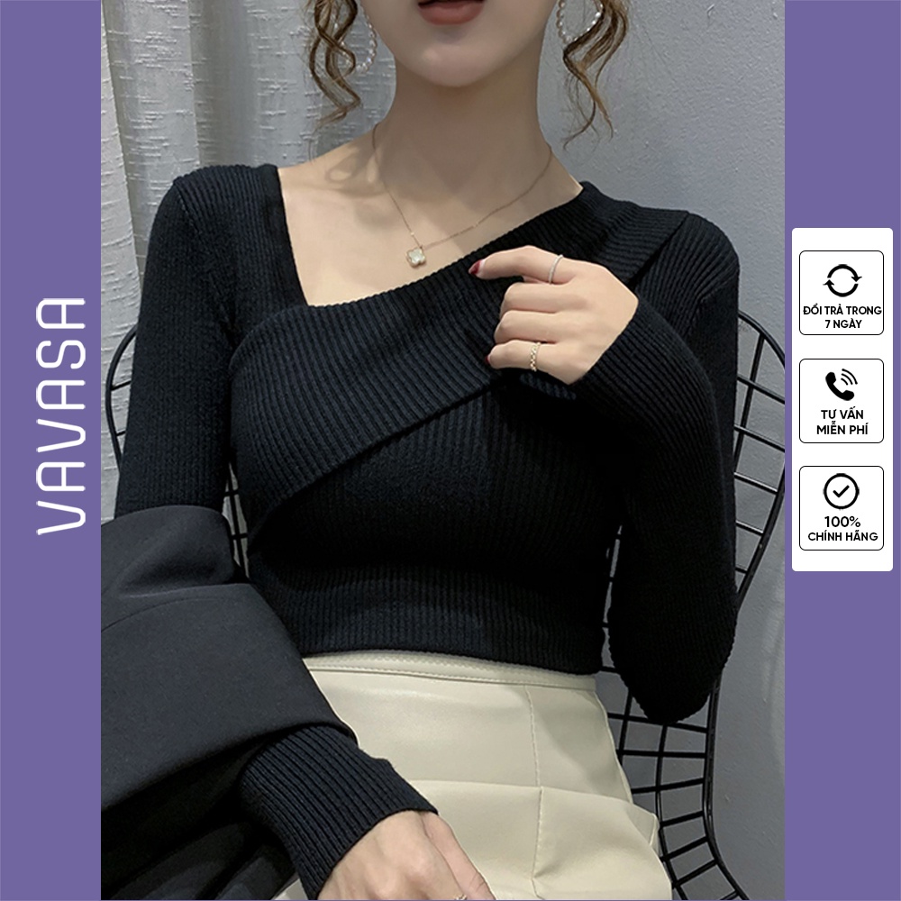 Áo trễ vai chéo tay dài thun gân tăm tôn dáng hot thu đông VAVASA CT50