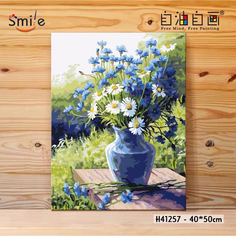 Tranh sơn dầu số hóa tự tô màu cao cấp Smile FMFP Hoa cúc xanh H41257