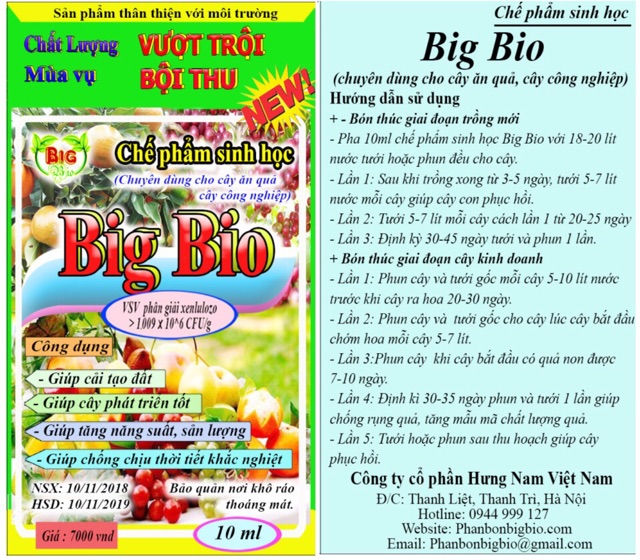 Phân bón lá hữu cơ cao cấp Big-Bio cho cây ăn quả cây công nghiệp chai 250ml dung dịch thuỷ canh