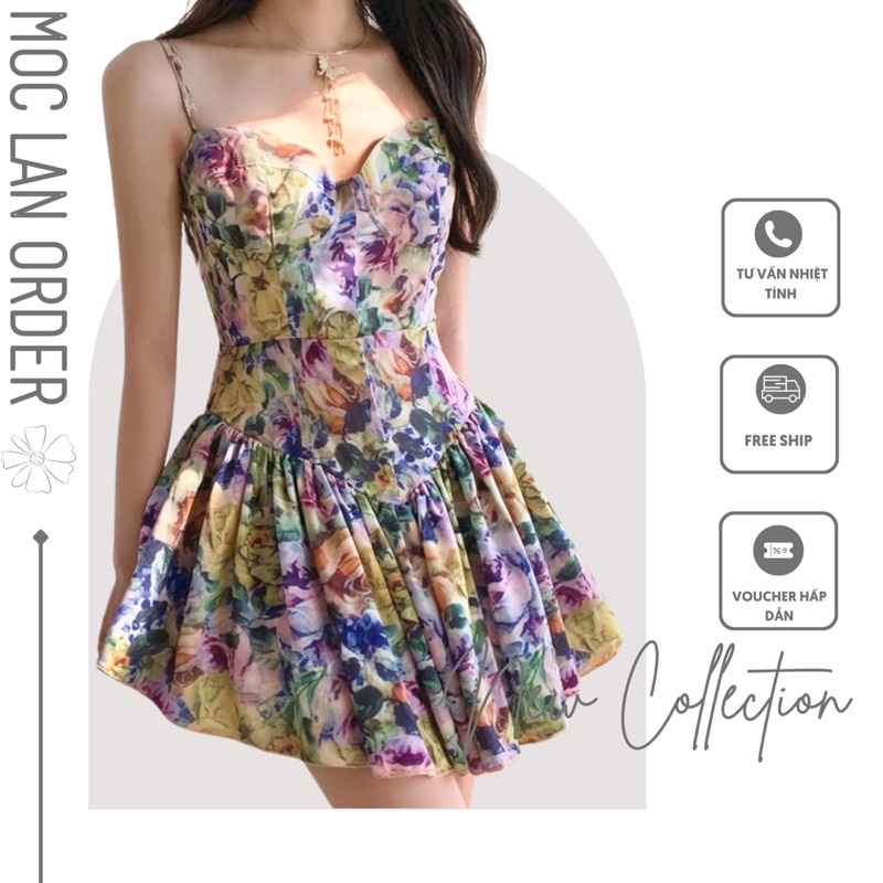 (MộcLan ORDER) Váy hai dây hoa tím hoa màu tranh vẽ thon eo xòe xếp ly chéo vạt điệu đà sexy