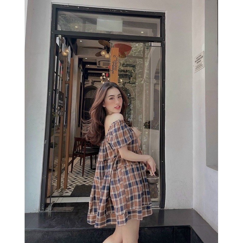 Đầm Babydoll Trễ Vai Kẻ Caro Nữ- Váy Suông Hở Vai Nơ Ngực Dáng Dài Tiểu Thư Hottrend | BigBuy360 - bigbuy360.vn