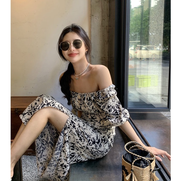 QKOOLE Đầm  ngắn tay kiểu hoa xẻ tà phong cách ulzzang thời trang Hàn Quốc gợi cảm dành cho nữ