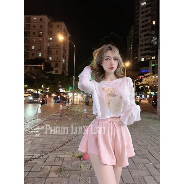 Set áo gấu mix quàn sooc hồng ống rộng