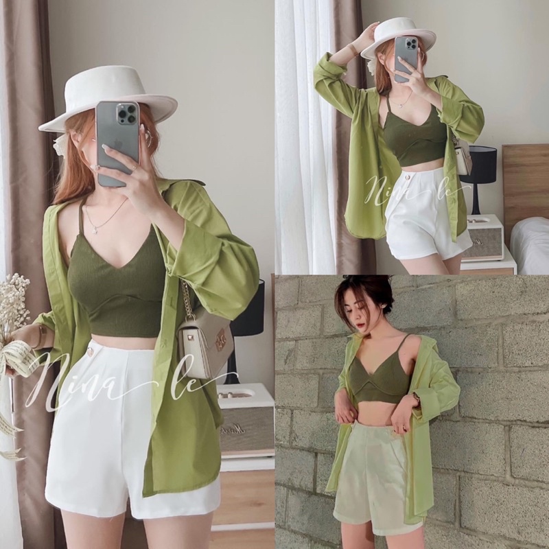 Set 3 Món Áo Sơ Mi Xanh Tay Dài Kèm Quần Short Trắng Và Bra Co Mút (Hình Thật + Video) Set Xinh Mùa Hè