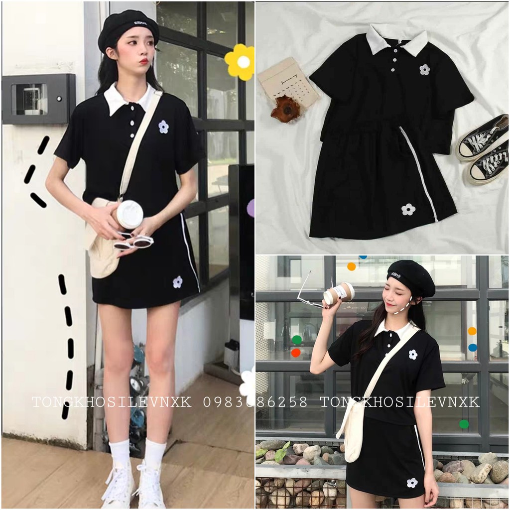 SET ÁO POLO HOA CÚC THÊU + CHÂN VÁY CHỮ A MÀU ĐEN THÊU HOA - SET BỘ THỂ THAO CHÂN VÁY ULZZANG