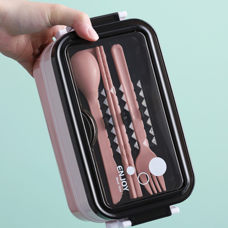 HOP3 - Hộp cơm văn phòng kèm bát canh LUNCH BOX hai tầng có đũa thìa tiện lợi nhựa an toàn giữ nhiệt tốt