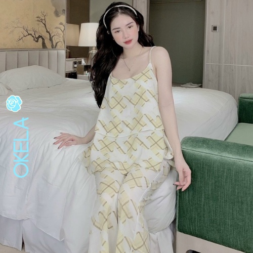 Đồ ngủ sexy nữ 2 dây quần dài pijama lụa cute mặc nhà dễ thương chất liệu mango cao cấp OKELA DT