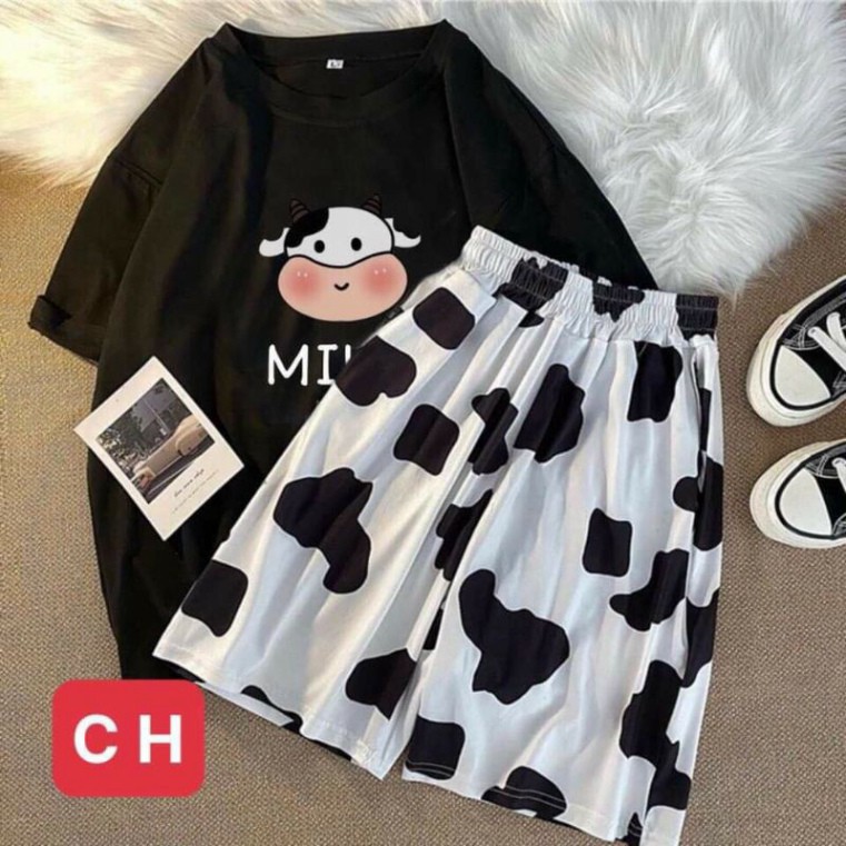 SÉT Đồ bộ  Áo Bò Sữa Milk + quần short loang bò sữa ;  set áo thun tay lỡ kèm quần đùi Unisex phong cách Ullzzang