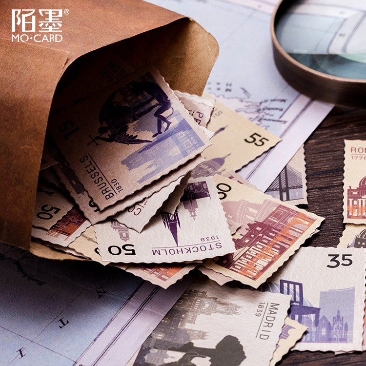[HD40] Bộ 46 hình dán sticker Tem Thư cổ điển trang trí sổ tay DIY