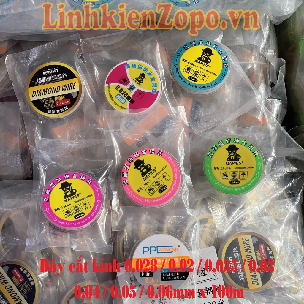 Dây cắt Kính Thương hiệu Mapies/Diamond Wire/PPD Woneng/R-Dip8: 0.028 / 0.02 / 0.035 / 0.03 / 0.04 / 0.05 / 0.06mm x100m