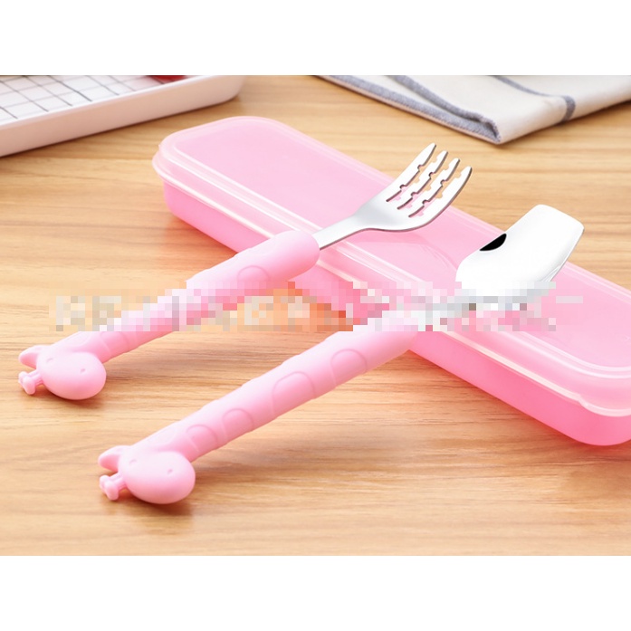 Set Thìa Nĩa Ăn Dặm Hình Hươu Cao Cổ Có Hộp