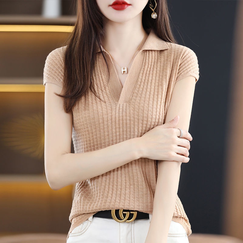 Áo Thun Dệt Kim Tay Ngắn Cổ Chữ V Dáng Rộng Thời Trang Mùa Hè Kiểu Châu Âu Cho Nữ