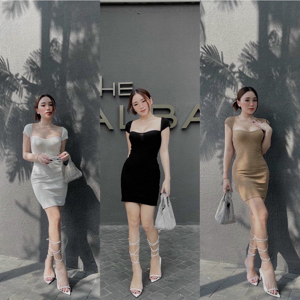 đầm gân body kiểu cổ vuông rộng cúp ngực