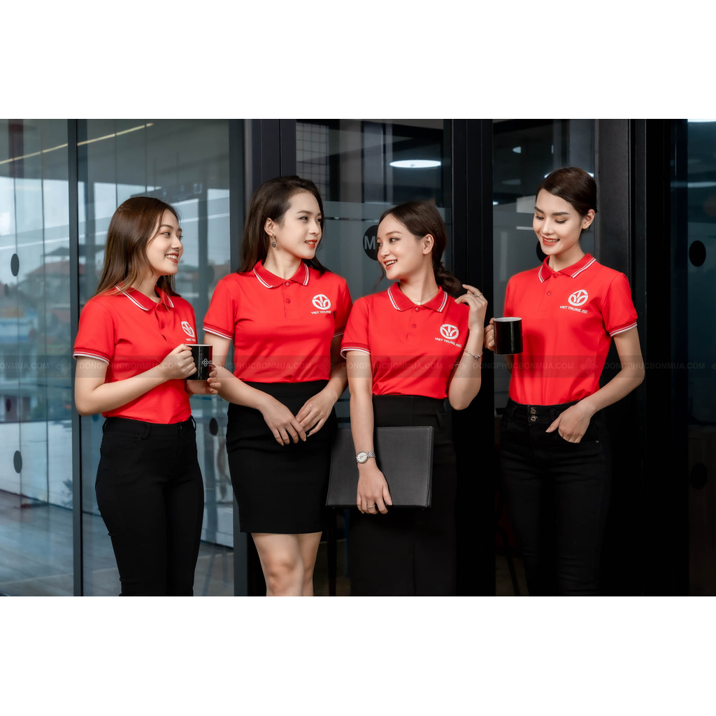 Áo Đồng Phục Doanh Nghiệp Đỏ Cổ Phối Kẻ Cotton, Lascote Co Giãn, Thấm Hút Mồ Hồi