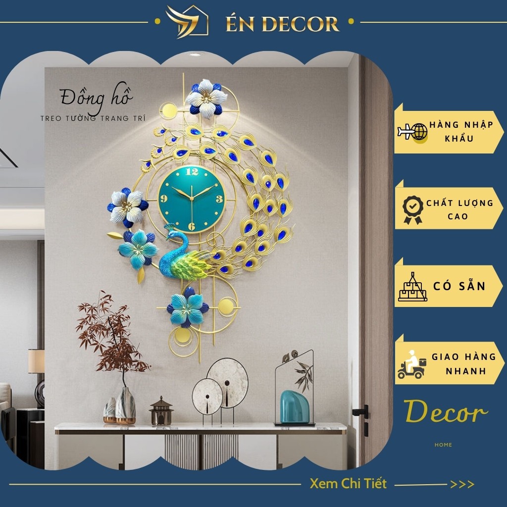 Đồng Hồ Treo tường, Đồng Hồ Trang Trí, Con Công Nghệ Thuật, Kim Trôi, Én Decor