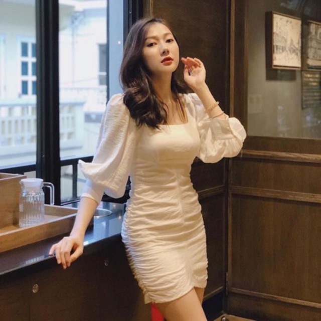 Đầm Linen Trắng gân cổ vuông ôm body - Saria Dress