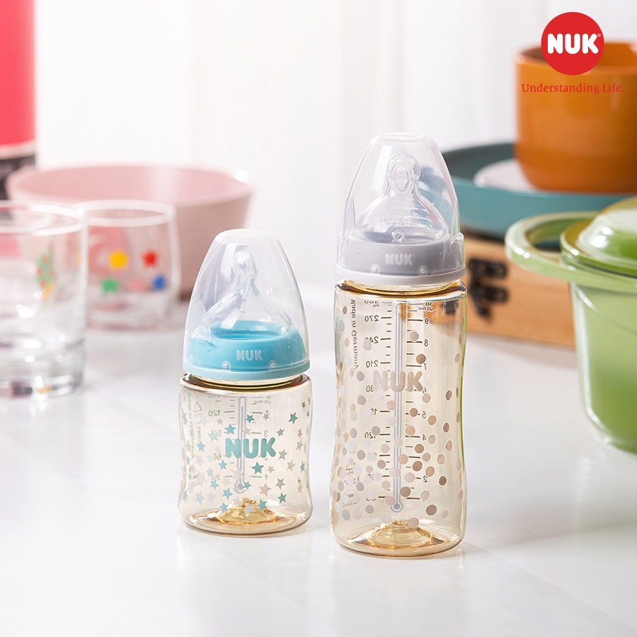 Bình sữa cảm biến nhiệt NUK nhựa PPSU cao cấp chuẩn EU núm ti silicone chỉnh nha 150ml, 300ml