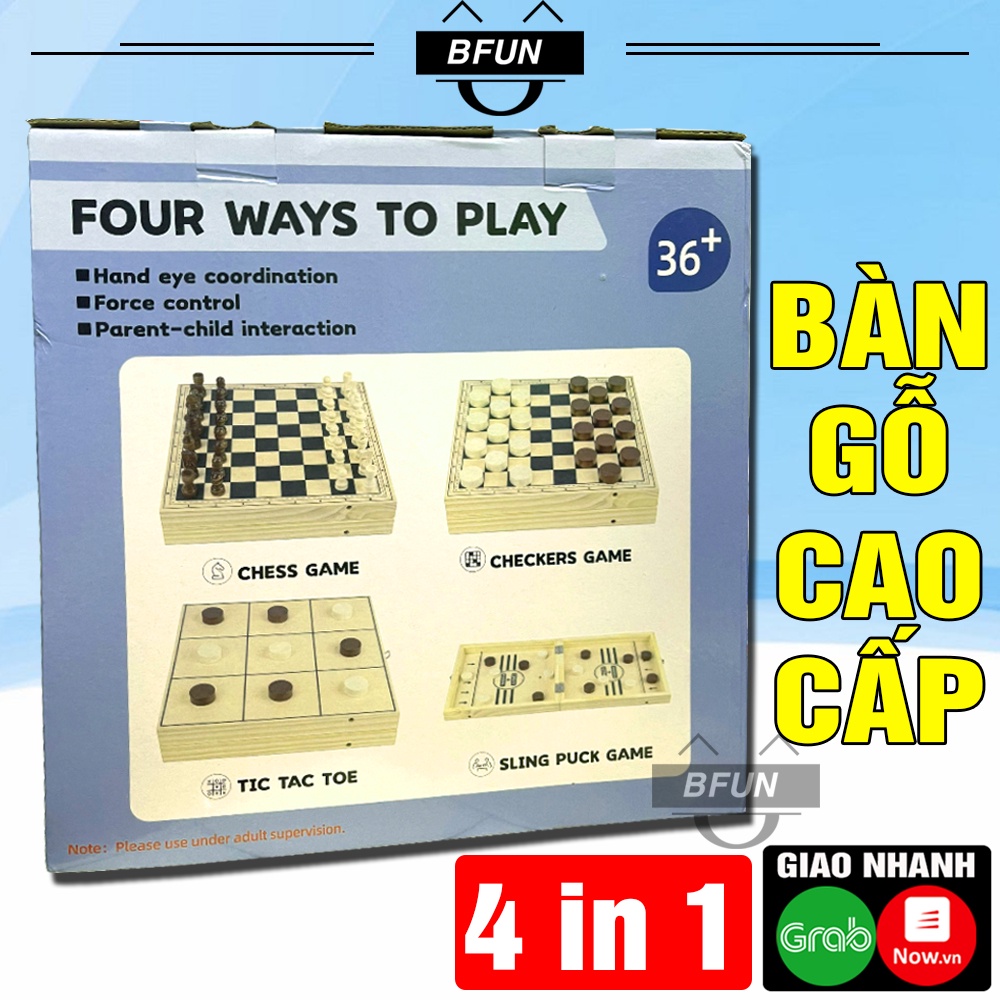 Bộ Cờ Vua 4 IN 1 Cao Cấp - Cờ Vua Bàn Gỗ Kết Hợp Với Cờ Đam Tic Tac Toe, Bắn Quân Cờ, Đồ Chơi Thông Minh Cho Bé BFUN