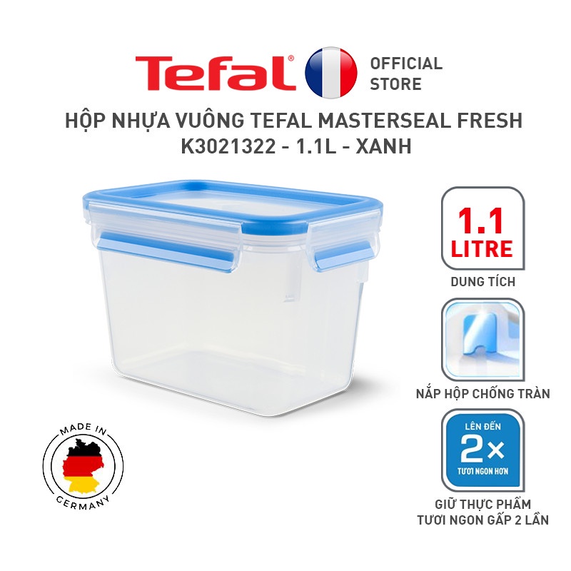 Bộ 3 hộp nhựa vuông Tefal Masterseal Fresh 0.2L, 1L, 1.1L - xanh