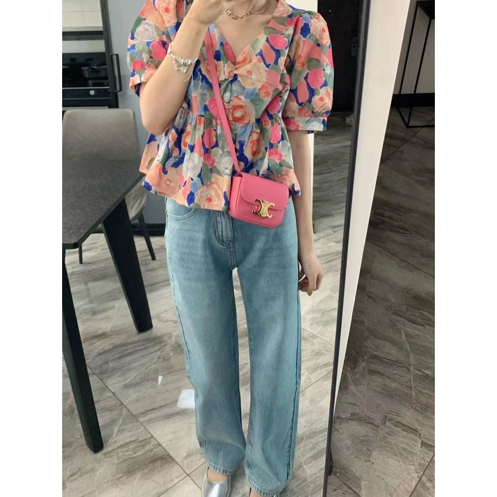 Áo Kiểu Nữ Cổ Chữ V Tay Phồng In Hoa Phong Cách Pháp Thời Trang