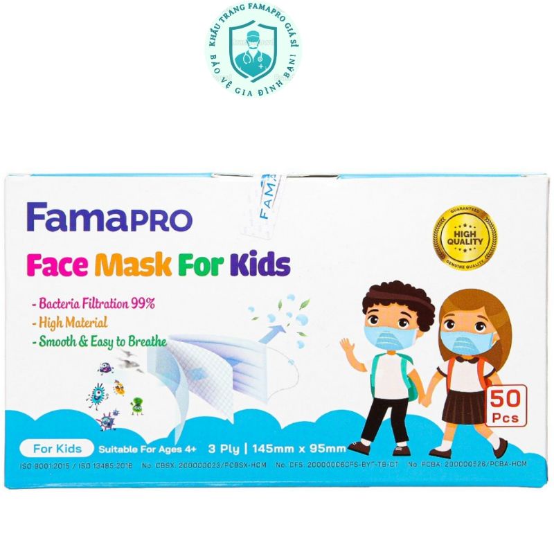 [Chính hãng] Khẩu trang Famapro max Kids, Hộp 50 cái. Khẩu trang chất lượng cho em bé từ 4-10 tuổi