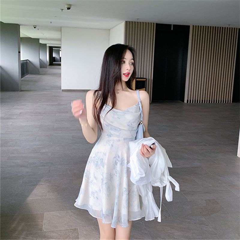 Đầm Voan Hoa Hai Dây Cổ Tim Xinh Xắn Cho Nữ