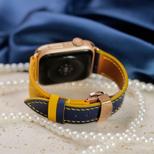 Dây da thủ công Swift Xanh Navy Mix Vàng dành cho Apple Watch, đồng hồ thông minh, đồng hồ cơ MIZADO