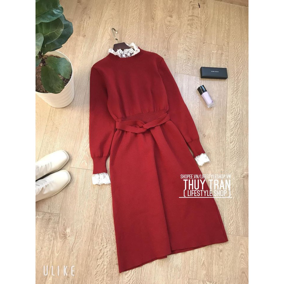 @Váy len midi cổ viền ren
