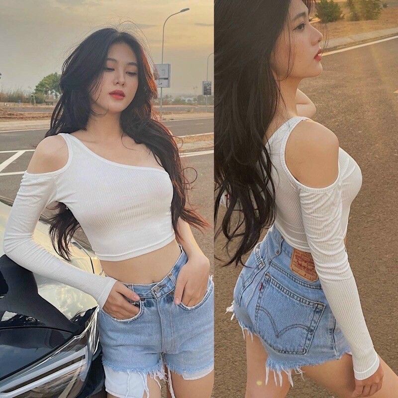 Áo croptop lệch vai chất borip VKVZB