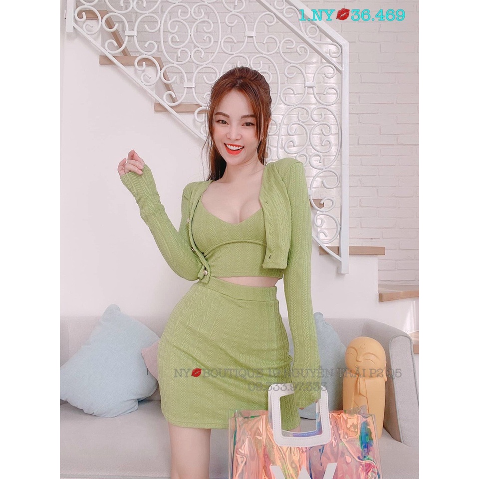 Sét 3 món áo 2 dây croptop bản eo phối chân váy body ngắn kèm áo khoác cài nút cực hot  , chất thun gân dày dặn mk