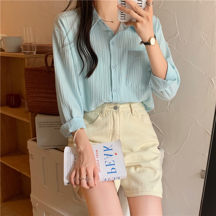 Áo sơ mi QKOOLE tay dài màu trơn thời trang Hàn Quốc cho nữ