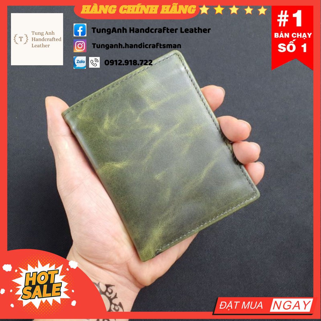 Ví Da Nam Pullup Wax 🎁FREESHIP🎁Da Bò Nhập Khẩu Nguyên Miếng - Xanh Olive Độc Bản - BH 3 Năm