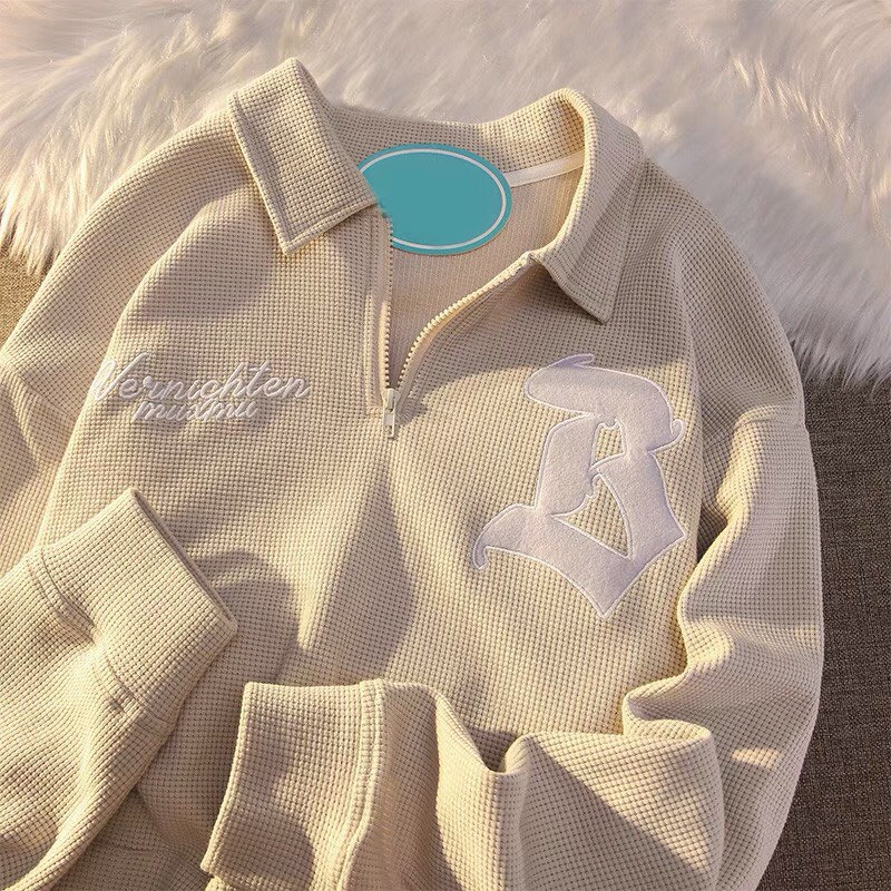 Áo polo bo tàu thêu Ddos [FREESHIP] Nỉ form rộng tay dài kiểu dáng vintage cổ bẻ khóa zip cá tính hàn quốc peonyb ulzzan