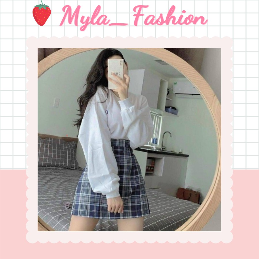 Set áo dài tay chân váy kẻ, set in chữ CAUTIO mix chân váy kẻ caro xanh - AD14