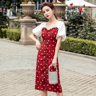 Đầm body chấm bi tay phồng màu đỏ