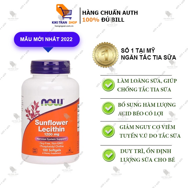 Viên uống chống tắc tia sữa Now Sunflower Lecithin 1200mg hộp 100 viên giúp làm loãng sữa mẹ không gây tắc tia sữa