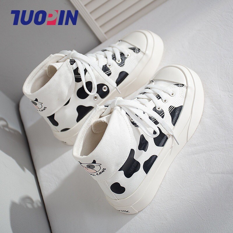 [SẴN-LOẠI 1] Giày cao cổ bò sữa ulzzang cá tính màu đen trắng  đế cao dày 4cm tặng kèm tất bò sữa