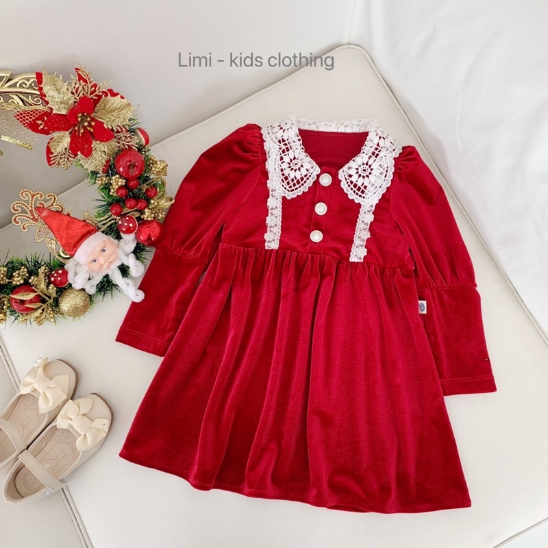 VÁY NHUNG ĐỎ PHỐI REN 80-130 BÉ GÁI