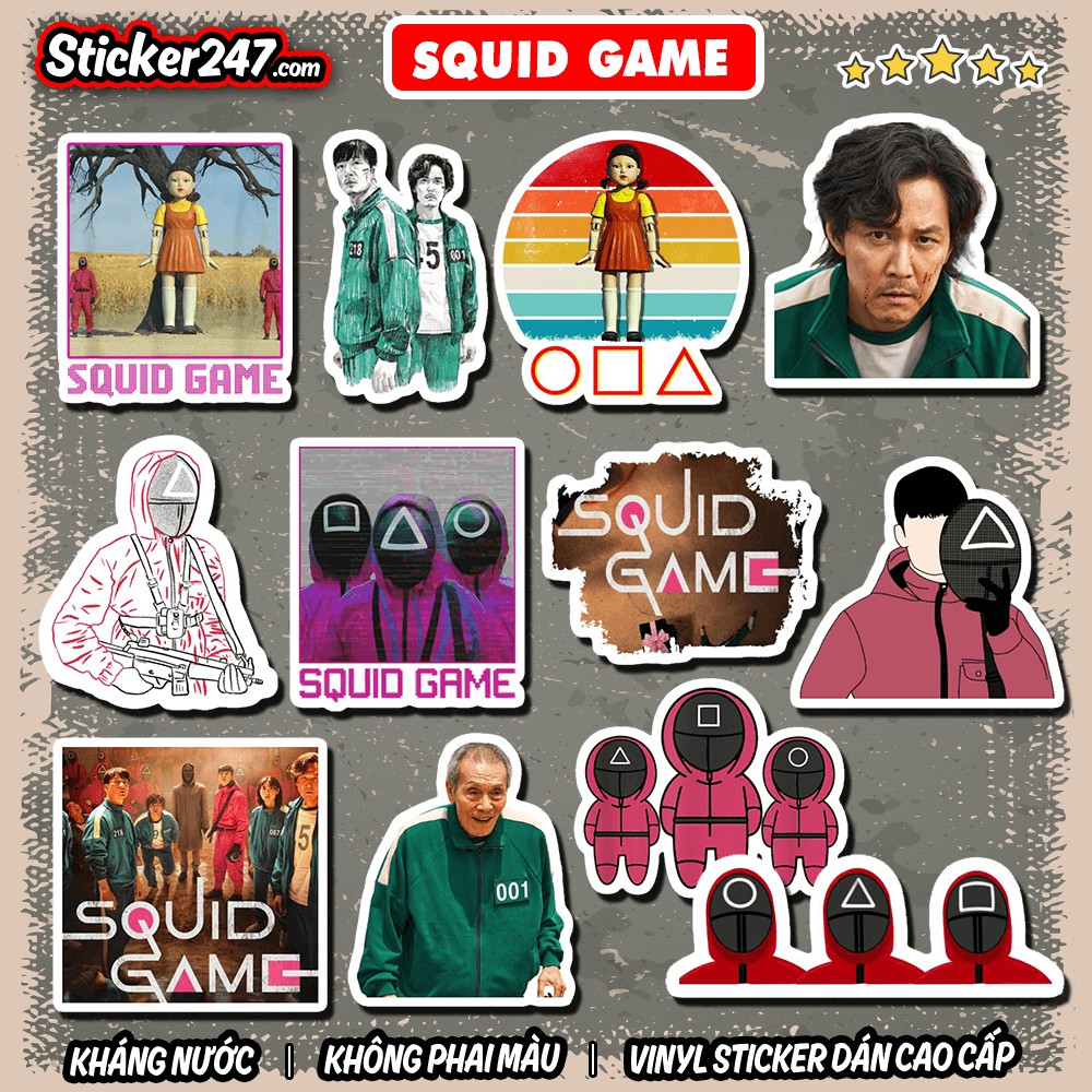 Sticker SQUID GAME Trò Chơi Con Mực 𝑭𝒓𝒆𝒆𝒔𝒉𝒊𝒑 chống nước, decal hình dán mũ bảo hiểm, laptop, ipad, vali, đàn, decor xe