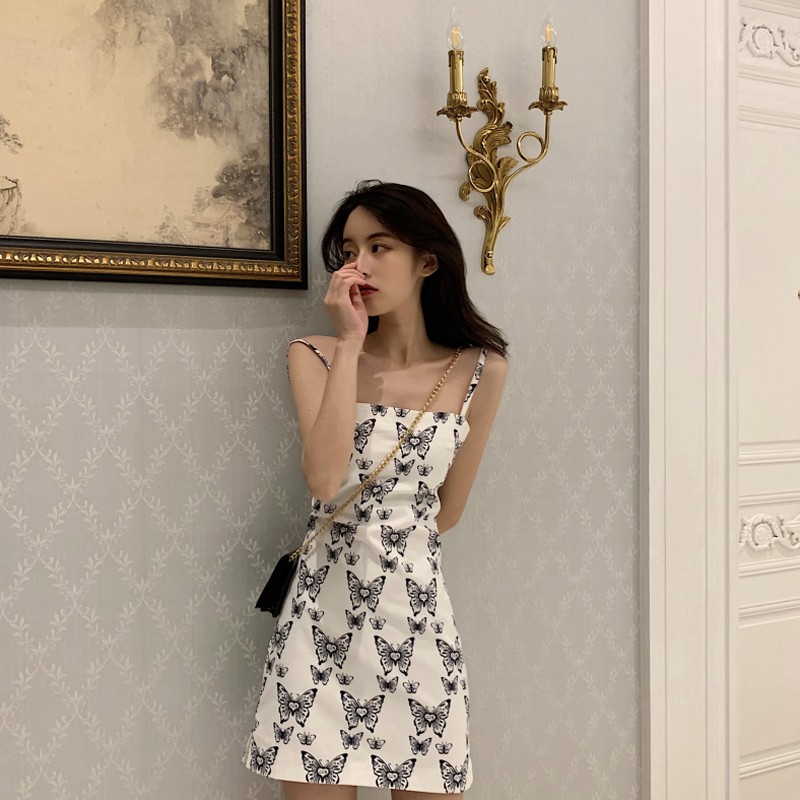 (R375) váy ulzzang hai dây cánh bướm trắng đen size s m(kèm ảnh thật)