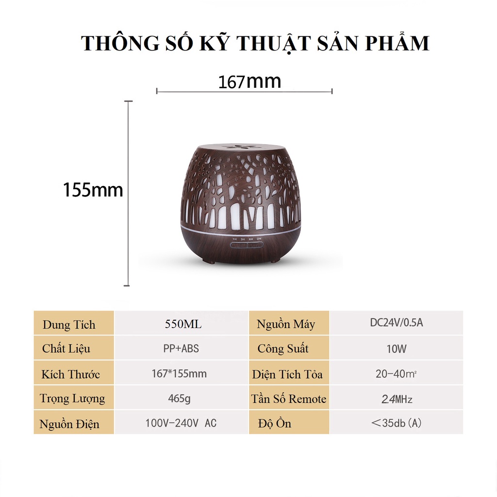 Máy xông tinh dầu MKT3688 Lồng Đèn phun sương tạo ẩm, dung tích 550ML, có điều khiển, đèn led 7 màu, bảo hành 6 tháng